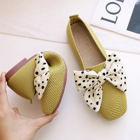 Women's Large Knitted Single Woven Square Head Bow Bean Shoes