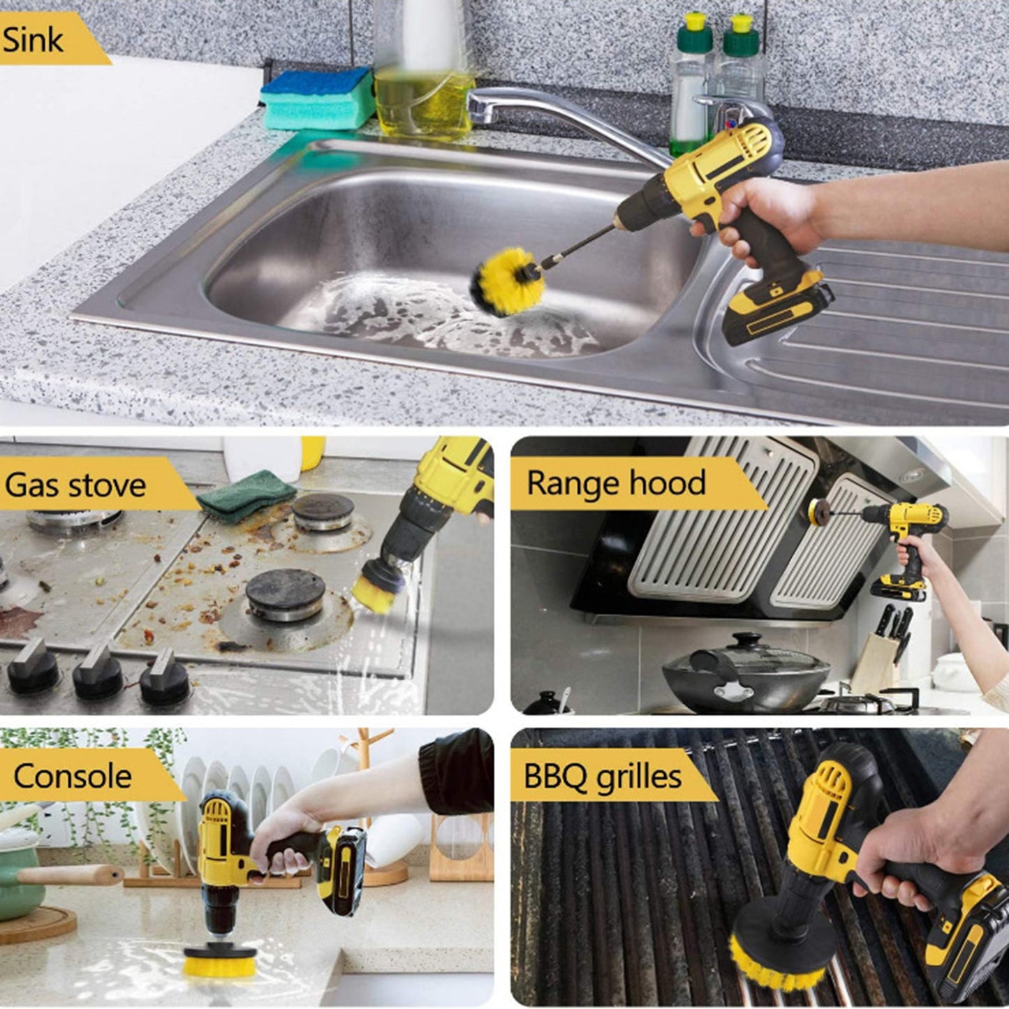 4Pcs Detailing Drill Brush Kit Car Wash Brush Hard Bristle Drill Auto Scrubber Detailing Cleaning Tool