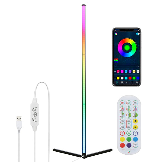 49.2'' S-mart Intelligent Corner Standing Lamp RGB Color Changing Floor Light USB Powered Operated/ Supported BT Connetced/ Music Synic/ Controller Control 1&2&3H Timer Setting/ Speed & Brightness Adjustable Dimmable for Living Room Bedroom Party DJ Show