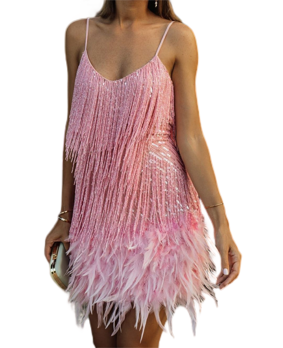 Women's Fashion Tassel Sequin Feather Stitching Dress