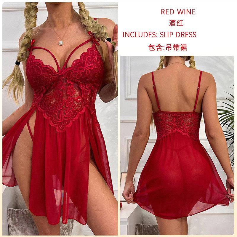 Women's Sexy Perspective Lace Embroidery Suspenders Pajamas Household Clothes