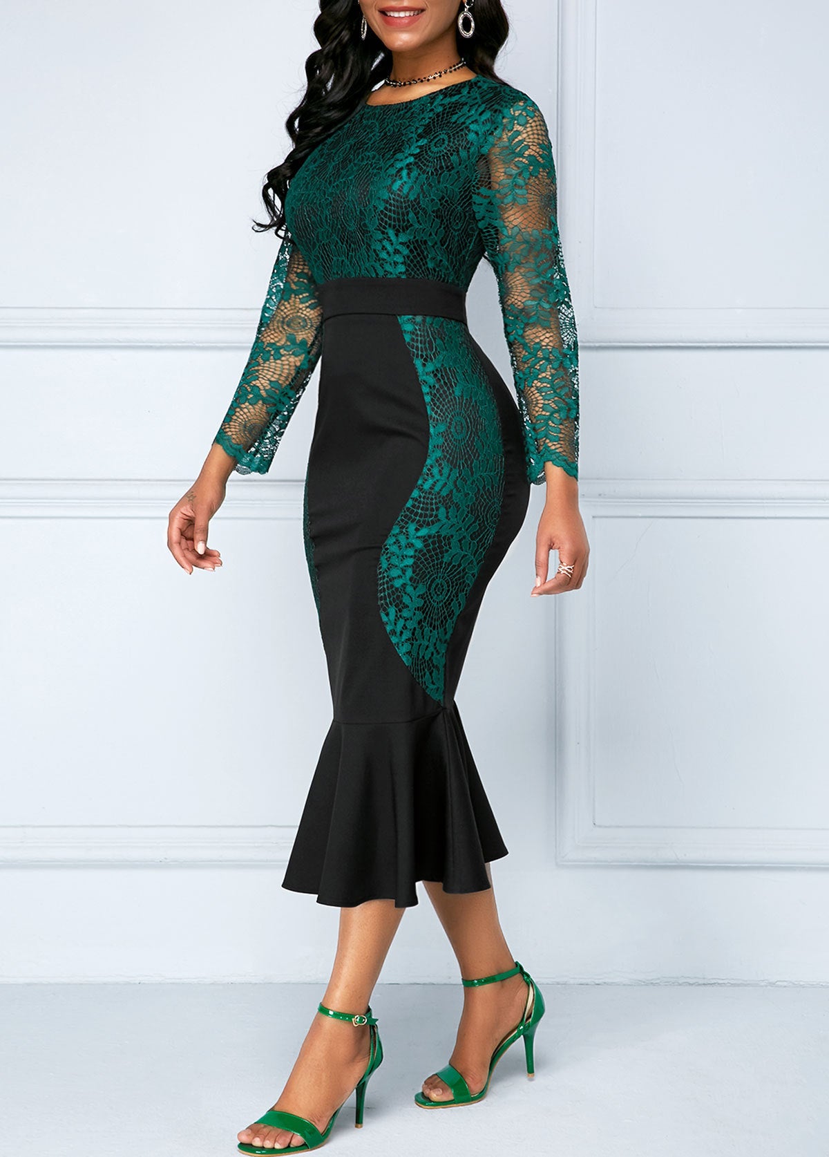 Party Round Neck High Waist Lace Splice Three quarter Sleeves Wrapped Fishttail Dress