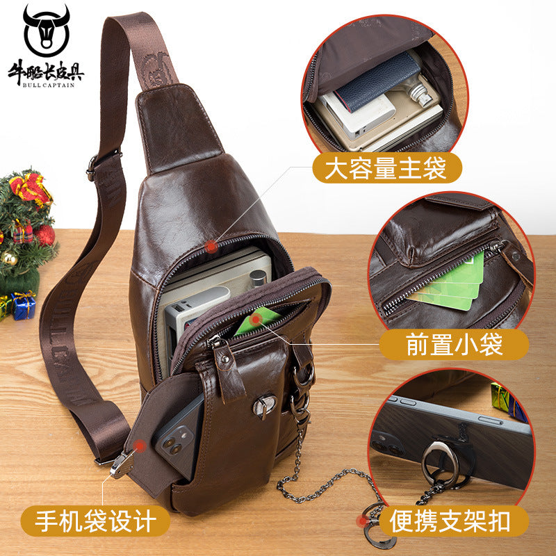 Leather Chest Bag For Men's Soft Headlayer Cowhide Insert Lock Mobile Phone Holder Chain Single Shoulder Crossbody Bag