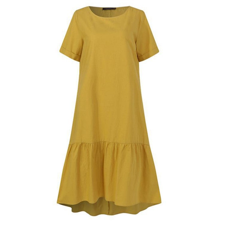 Solid Round Neck Short Sleeve Cotton Pullover Mid Length Dress With Ruffle Women