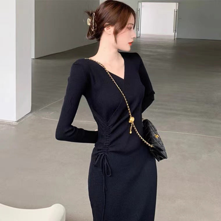 Women's New Slim-fit High-waisted Show Thin Lace-up V-neck Knitted Skirt Long Skirt Dress