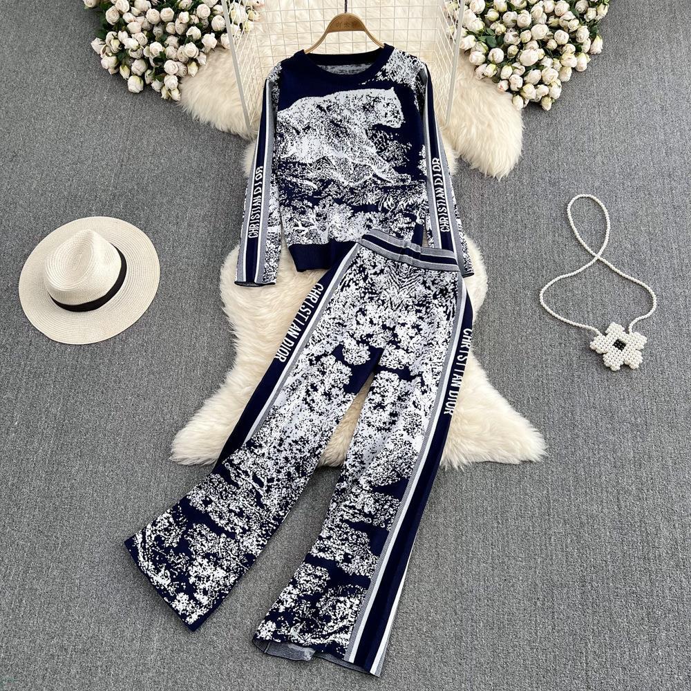 Fashion Women's Loose Round Neck Long Sleeve Knit Top Two Piece Set High Waist Straight Tube Wide Leg Pants
