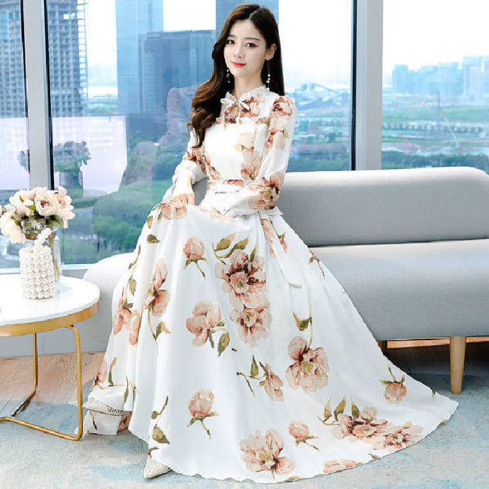 New Large Waist Collection Slimming Long Sleeve Large Swing Floral Chiffon Skirt