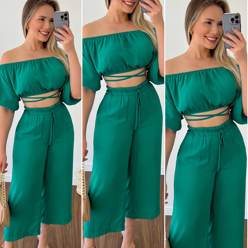 Women's New One-line Neck Short Sleeve Wipe Chest Rope High Waist Cropped Casual Suit