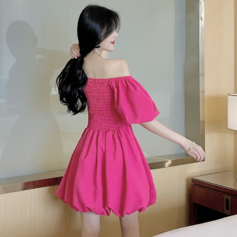 Women's Fashion One Word Shoulder Bubble Sleeve Drape A Red Dress