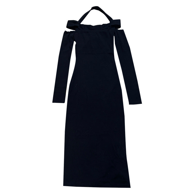 Spicy Girl Hollow Neck Tight Black Long Woolen Knitted Dress