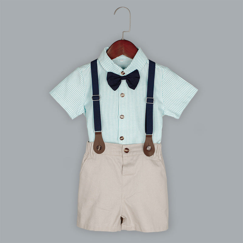 Children's Korean Short Sleeve Suspenders Two-piece Summer Suit New Striped Shirt Set