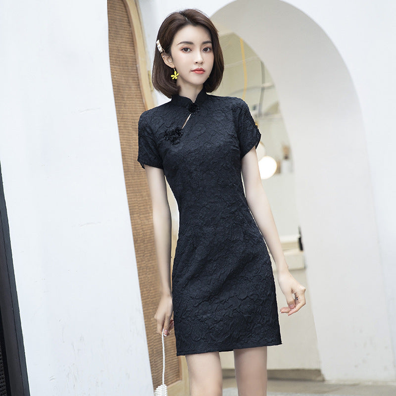 New Black Young Style Girl French Retro Republic Of China Small Short Style Cheongsam