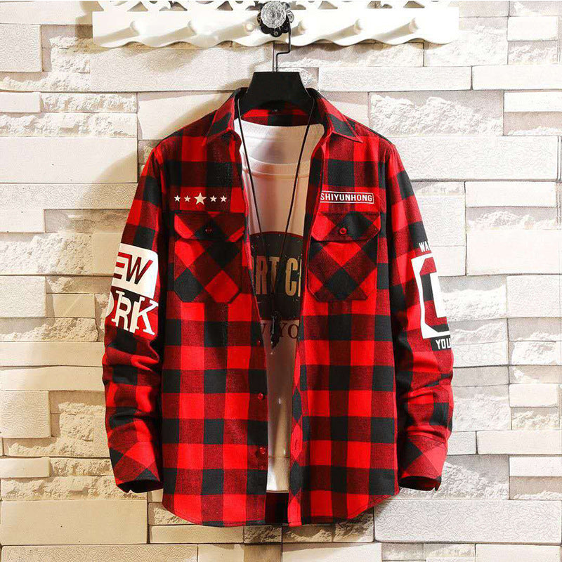 Men's Long-sleeved Shirt Student Youth Red Check Loose Casual Clothes