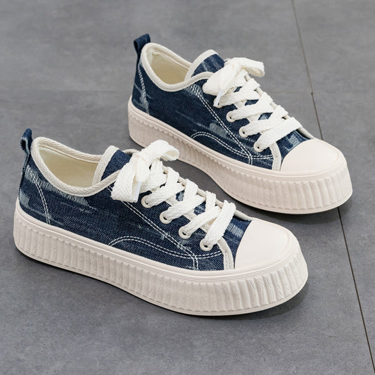 Denim color thick soled canvas shoes for women in spring 2023, new triple vulcanized sponge cake casual shoes, versatile solid color board shoes