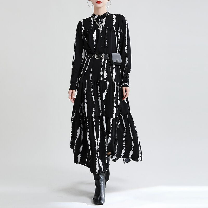 New Irregular Printed Tide With Loose And Thin Stand Collar Long Skirt