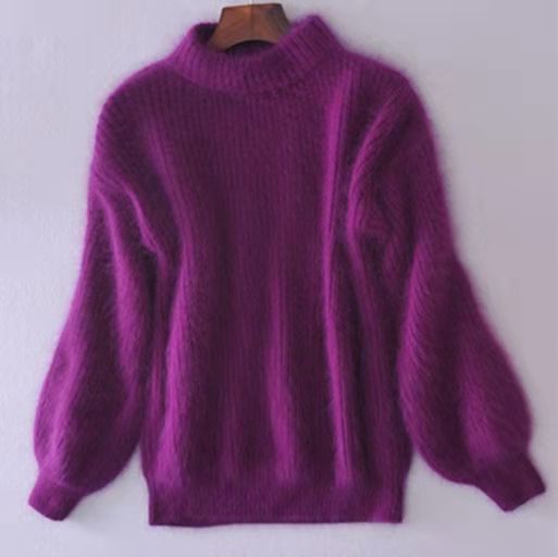 Women's New Sleeve Mink Semi High Neck Loose Solid Color Pullover Sweater