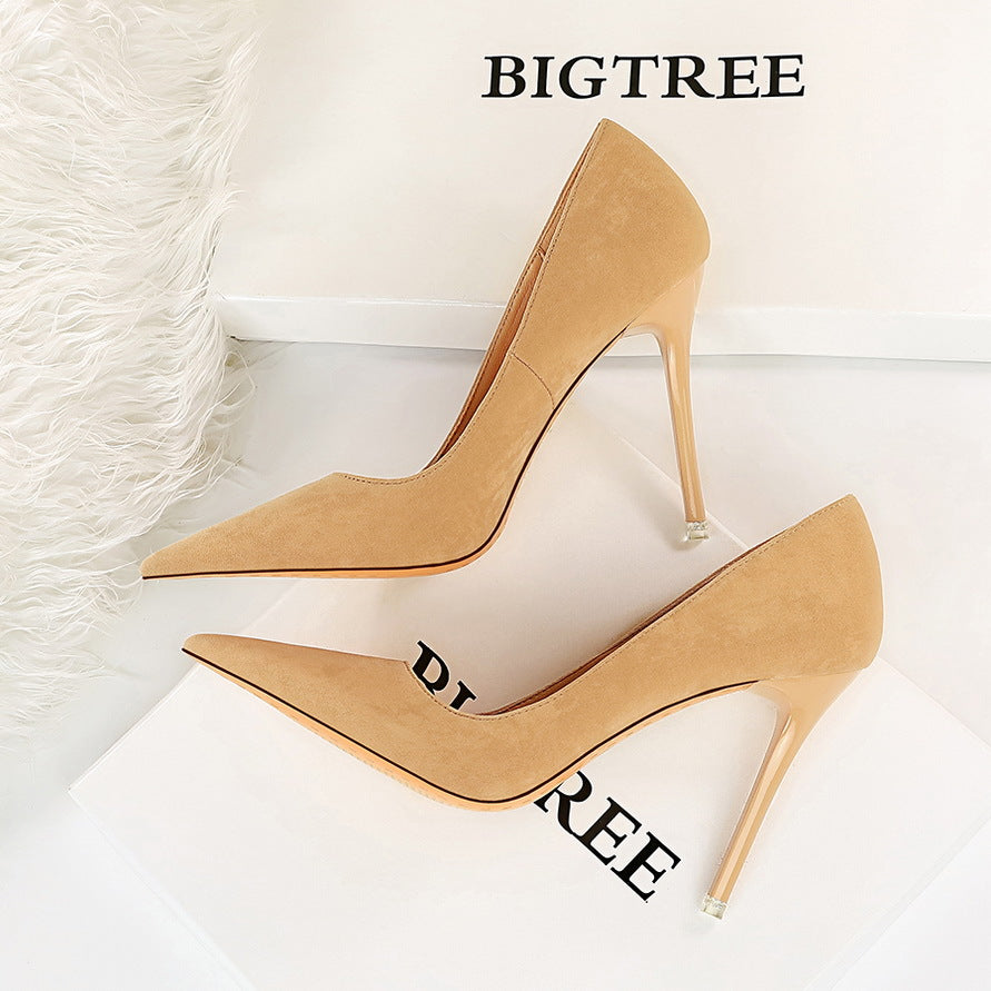 Simple Thin Super High Suede Shallow Mouth Pointed Sexy Night Club Slim Single Shoes