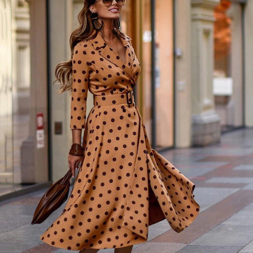 Fashion Wave Dot Print Suit Collar Large Swing Dress