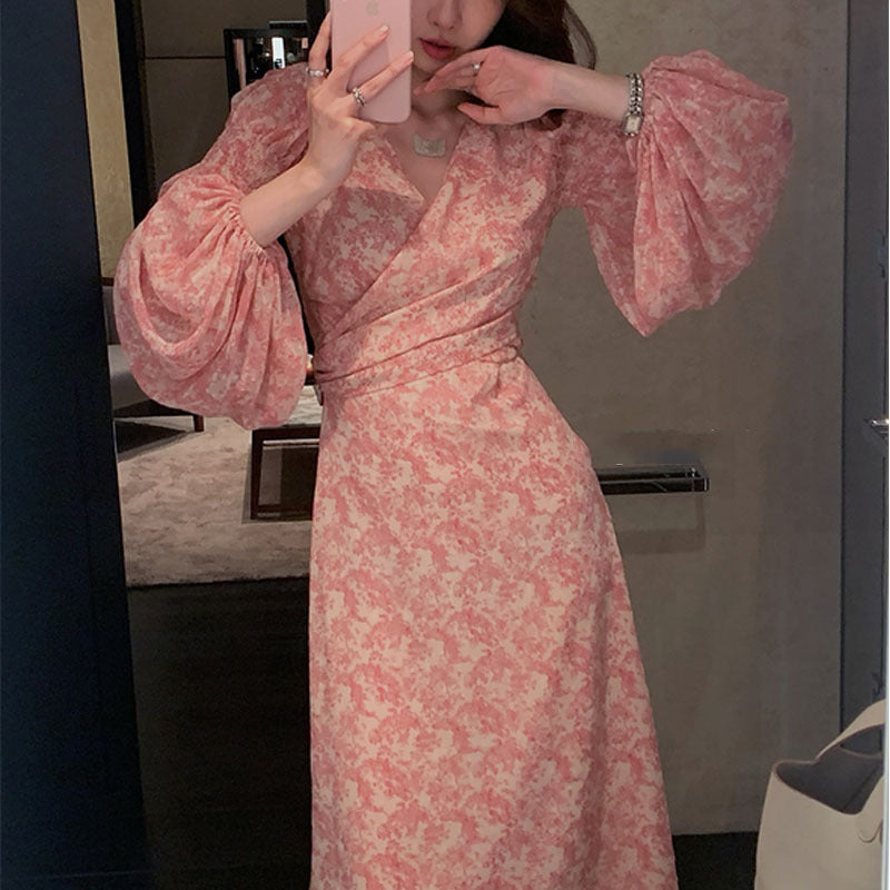 Female Pink V-neck Floral Tea Break Chiffon Lantern Sleeve Long Dress