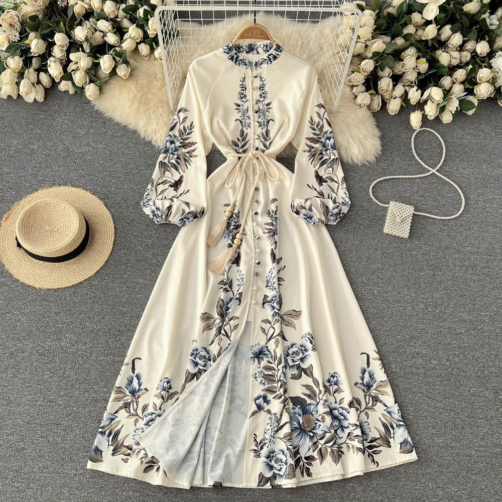 Lapel Retro Print Spring Long Sleeve Dress | Affordable-buy