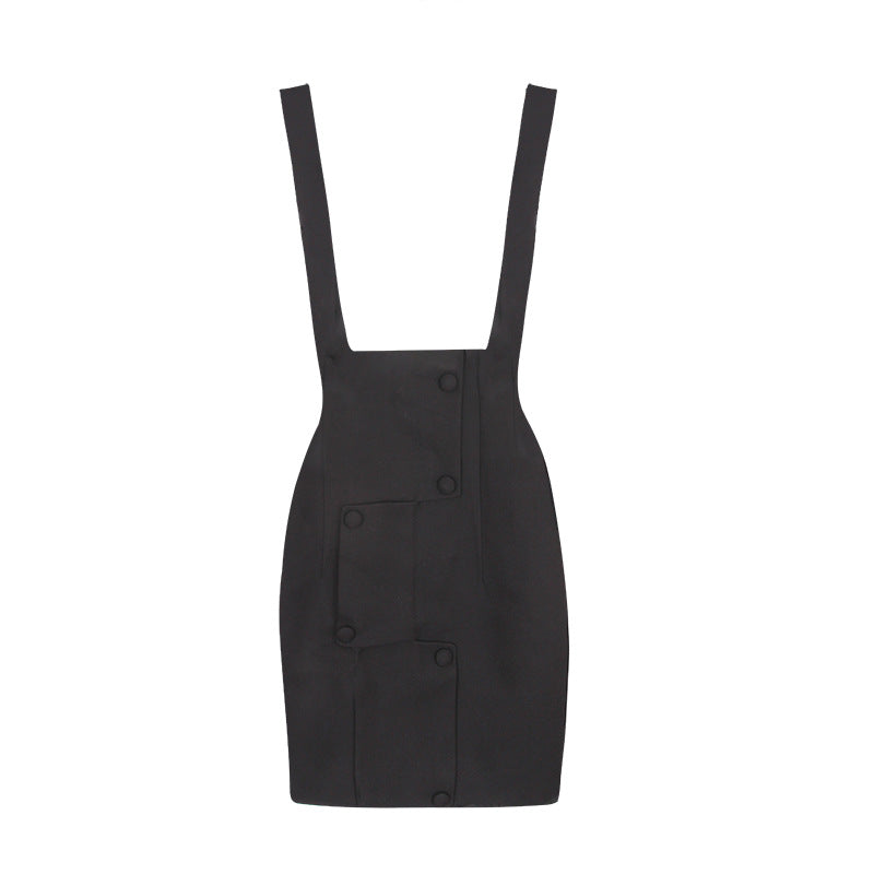 Women's New Black Waist Waist Slim Strap Dress