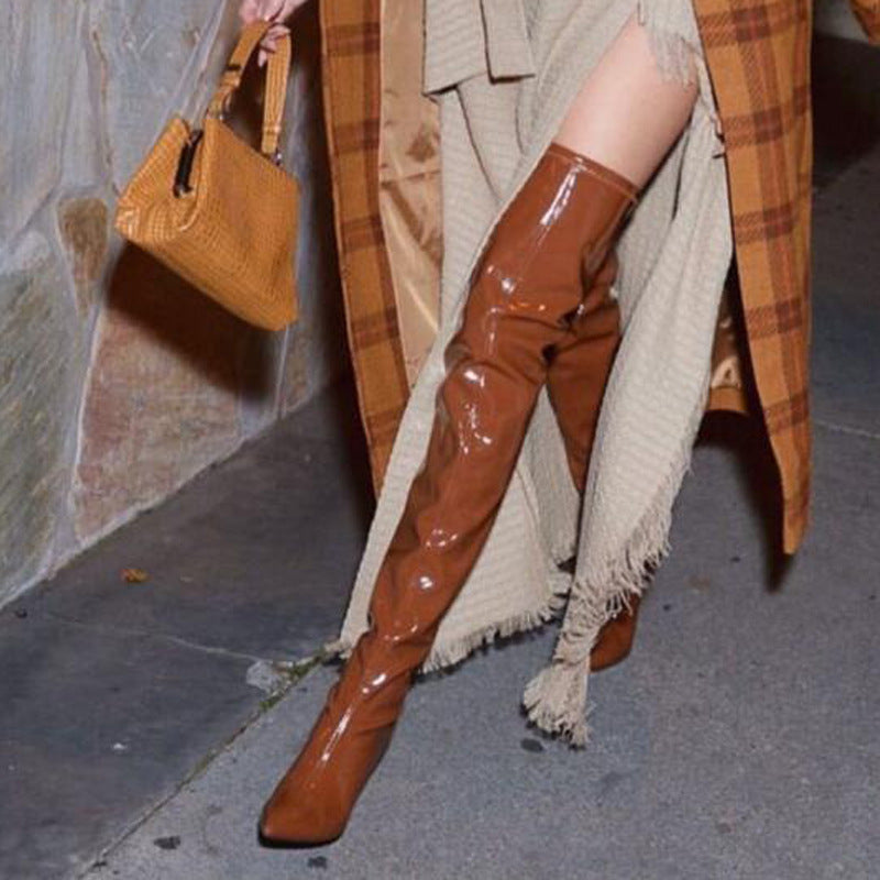 Fine Heel Caramel Knee Length Side Zipper Elastic Large Women's Boots