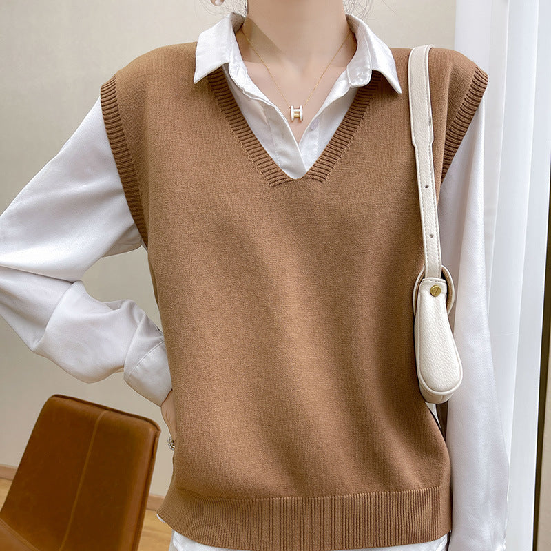 Women's V-neck Solid Color Pullover Vest Loose Outside The Sleeveless Sweater