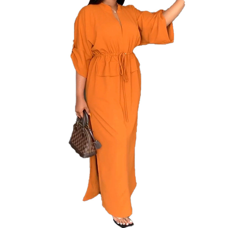 Women's New Casual Fashion Stand Collar Split Long  Solid Dress