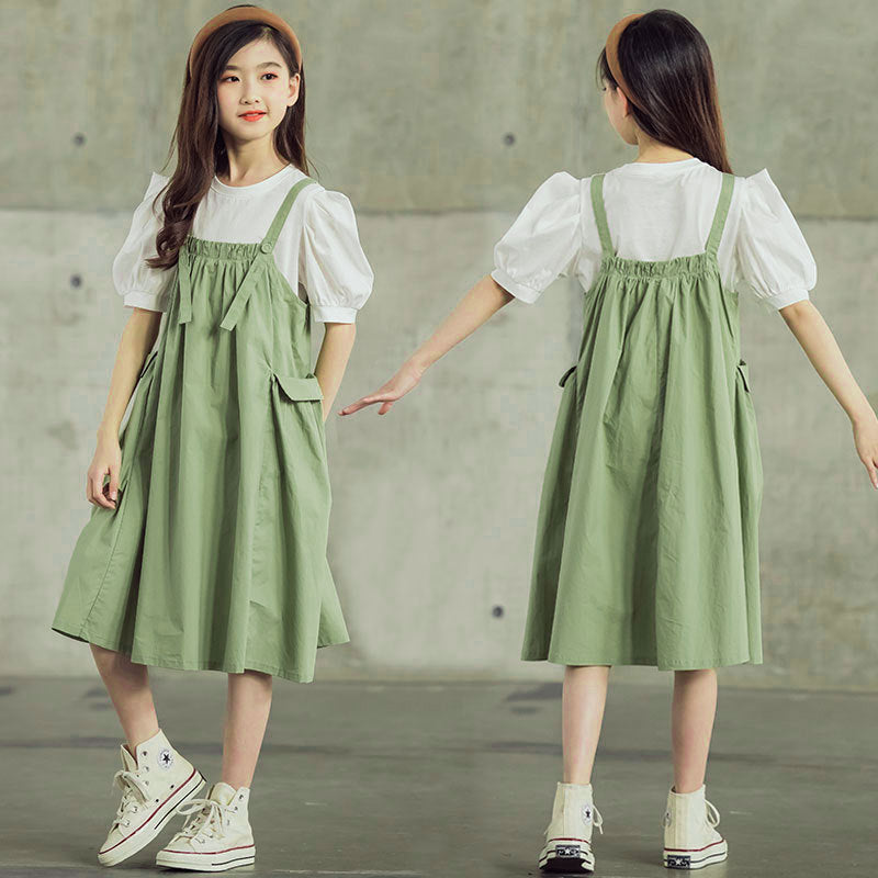 Children's Fashion And Foreign Style White T-shirt + Two Pieces Of Strap Skirt