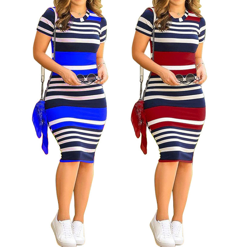 Popular Women's Summer New Striped Print Dress Sexy Buttock One Step Skirt
