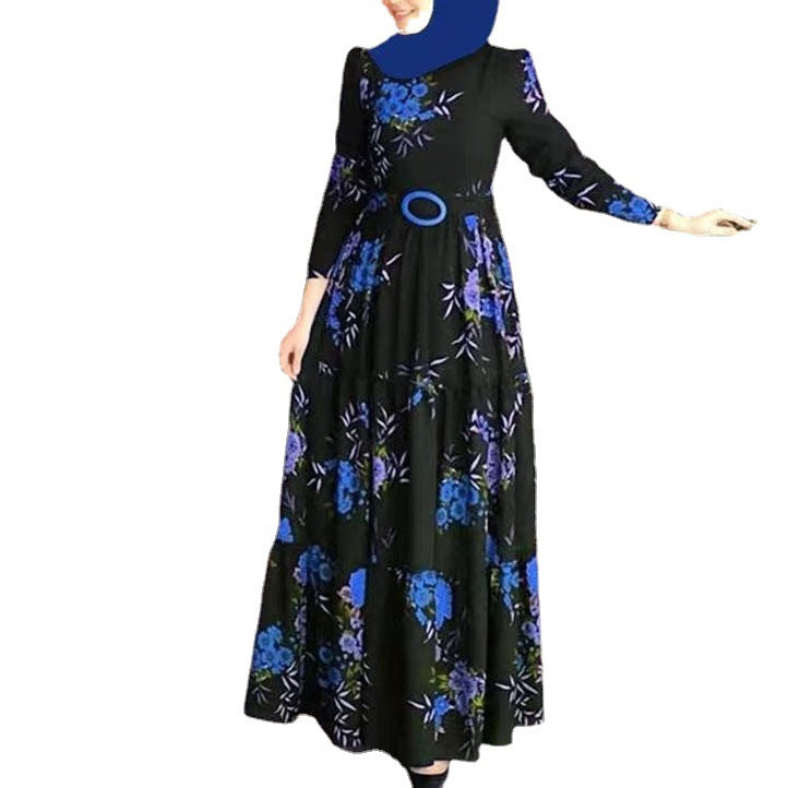 New Printed Mid Rise Four Color Temperament Printed Non Plush Long Dress（without dat scarf）