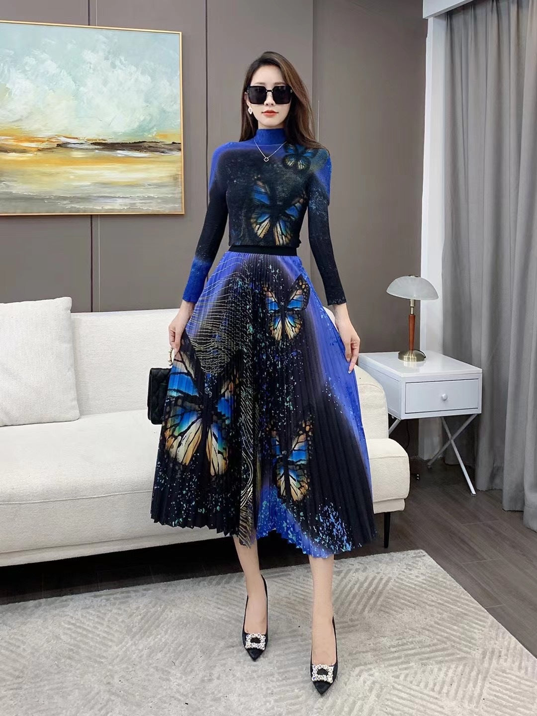 Print Three House Pleated Fashion Suit Two Piece Set