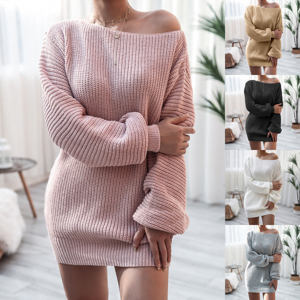 Long Sleeve One Line Collar Casual Loose Knitted Woolen Dress