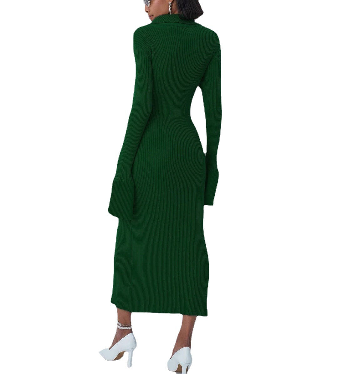 Fashion Sleeved Lapel Cardigan Button Horn Sleeve Strip Sweater Long Skirt Dress