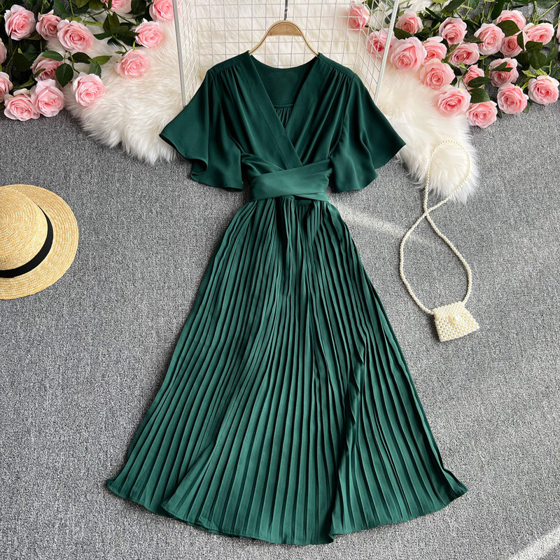Fashion Flying Sleeve Simple Solid Color Waist Lace Up Pleated Skirt