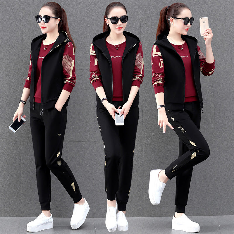 Women's Spring And Autumn New Casual Trend Vest 3-piece Slim Hooded Sweater Sportswear