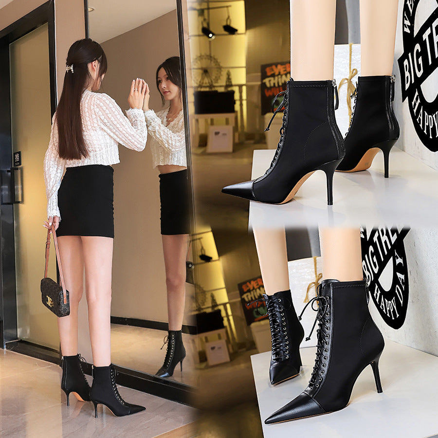 Fashion Women's High Shallow Mouth Pointed Head Lace Up Cross Strap Short Boots