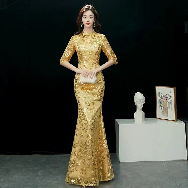 Fishtail Cheongsam High-end Runway Long Golden Performance Evening Dress