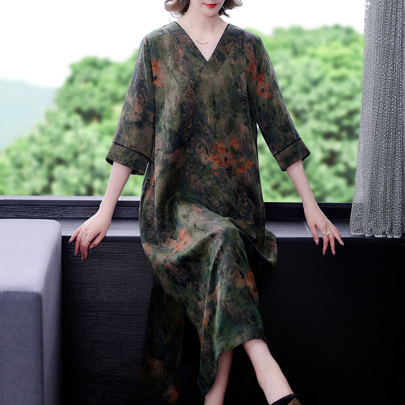 New Flower Female Brand High-grade Imitation Silk Mulberry Silk Loose And Thin Dress