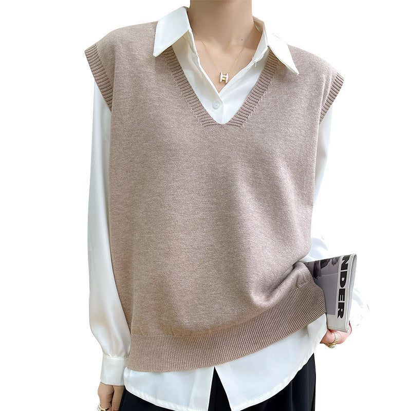 Women's V-neck Solid Color Pullover Vest Loose Outside The Sleeveless Sweater