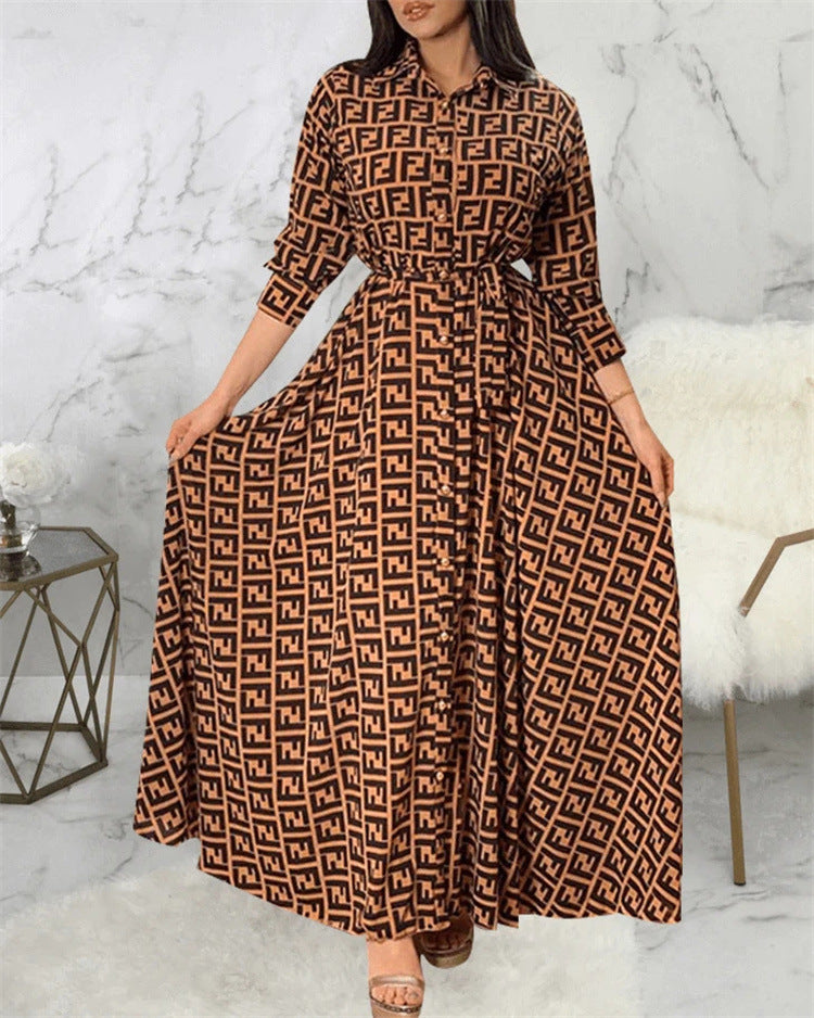 New Muslim Vintage Fried Street Flower Print Single Breasted Belt Long Dress