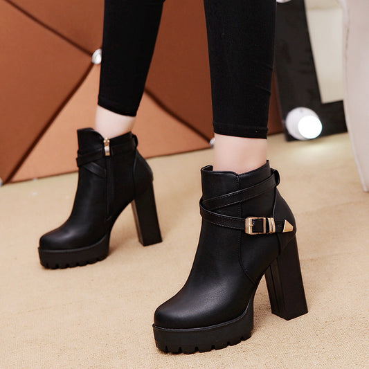 New Thick Heel Pointed Spot Fashion Leisure Solid Color High Heel Ankle Boots
