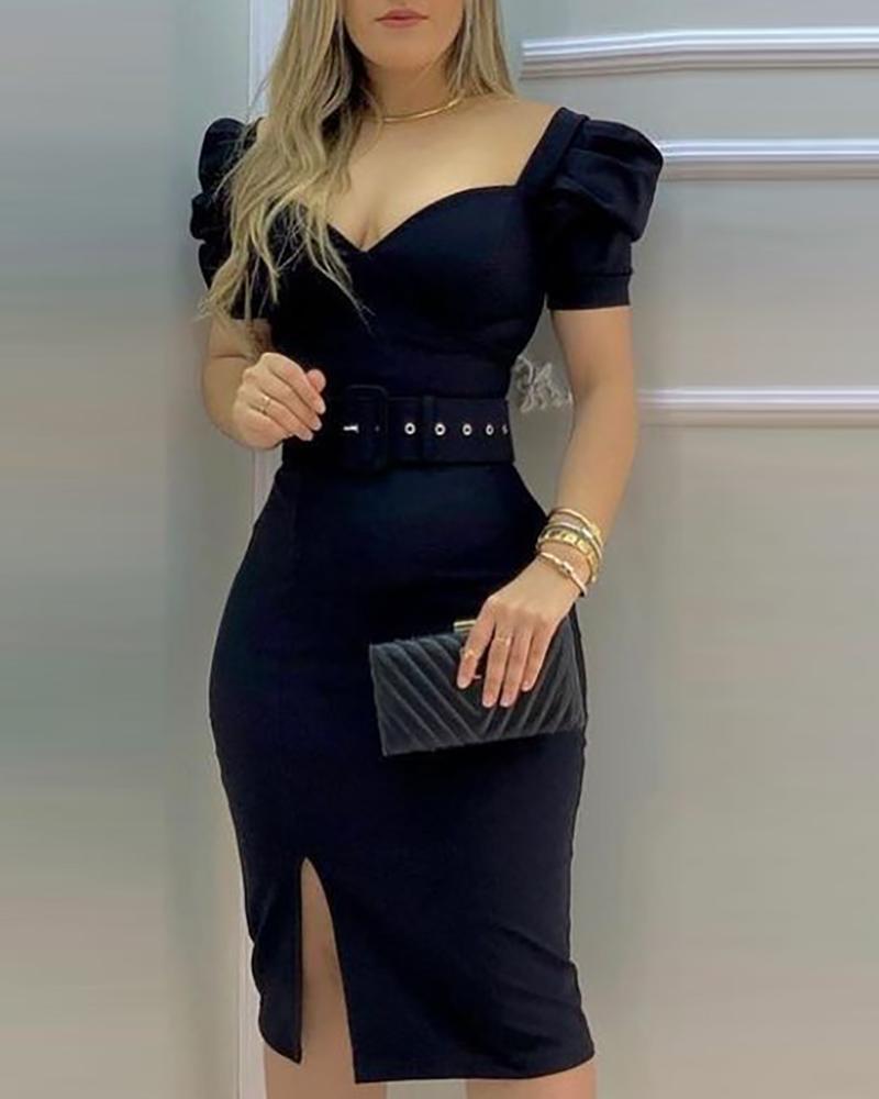 New Women's Bubble Sleeve Square Neck Sexy Tight Bag Hip Dress