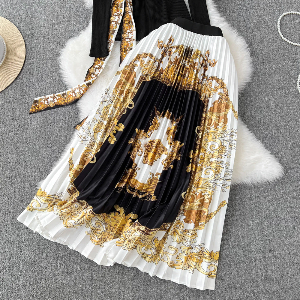 Women Stand Collar Slim Knit Top Two-piece High Waist Baroque Printed Pleated Skirt