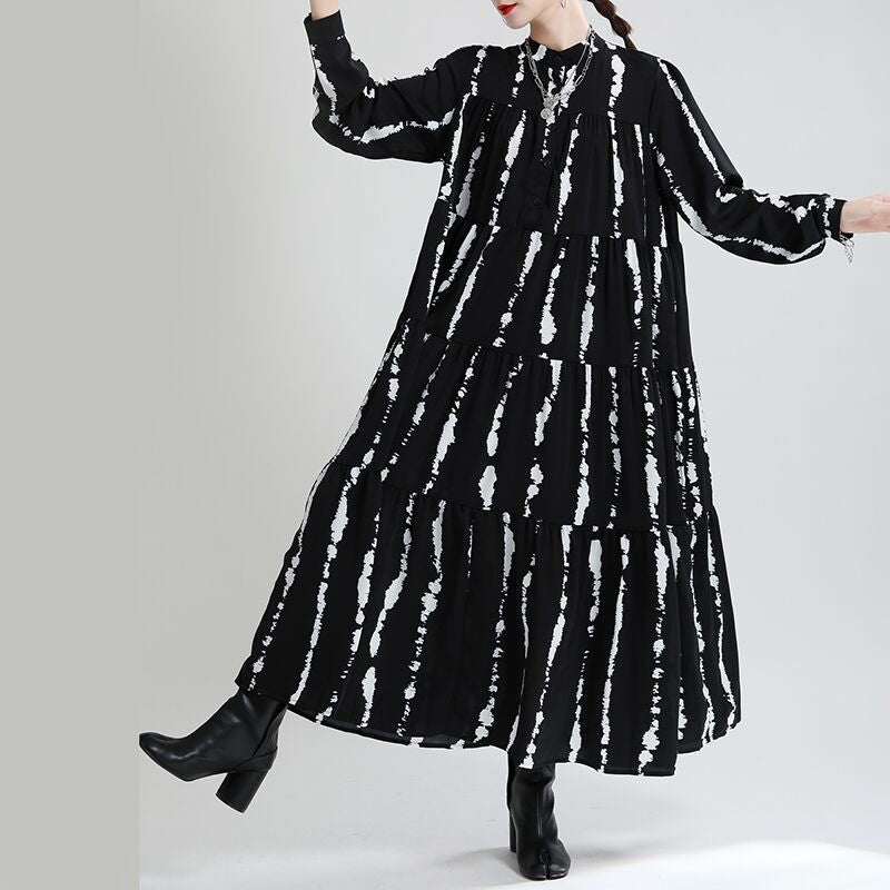 New Irregular Printed Tide With Loose And Thin Stand Collar Long Skirt