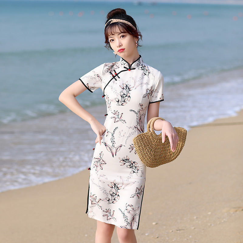 Daily Cheongsam Elastic Flower Dress | Affordable-buy