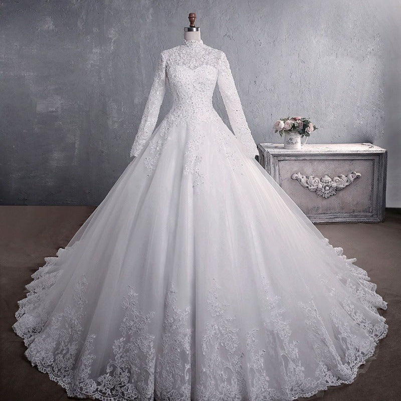 New Bride Standing Neck Long Sleeve Standing Neck Large Tail Large Muslim Wedding Dress