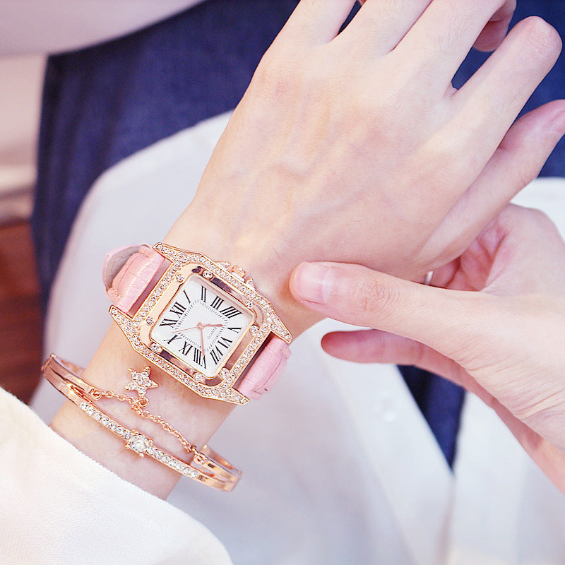 Woman Fashion Square Shell Quartz Belt Diamond Belt Table Wrist Watch