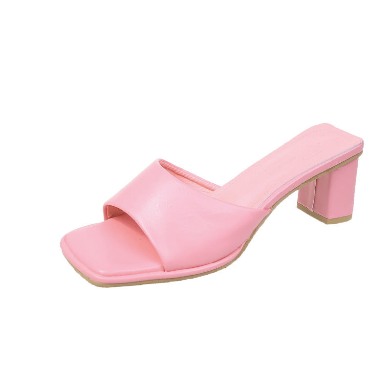 Square Candy Color Slim Thick And Versatile One-word Open-toe High Heel Slippers