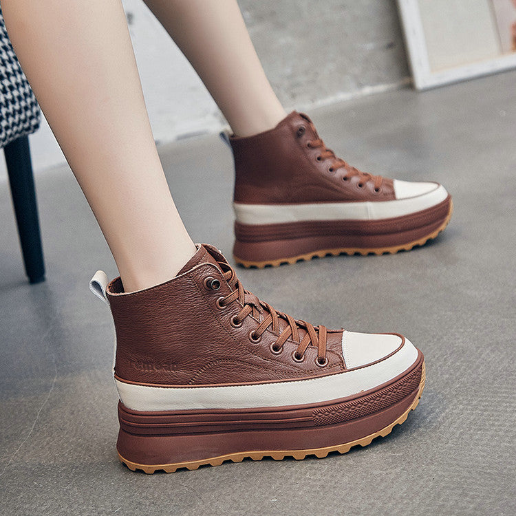 New Women's Leather Platform Cowhide Single Boots